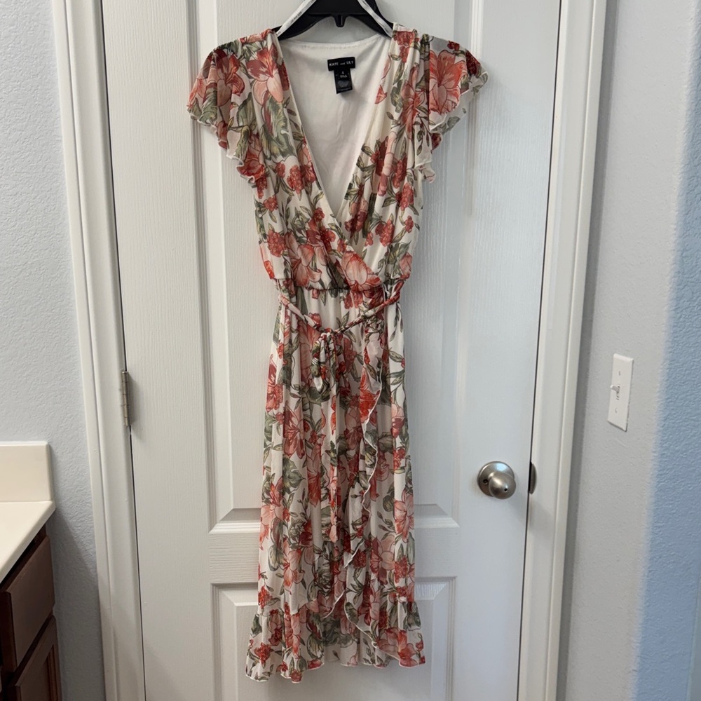 Kate and Lily Floral Cream Midi Dress with Coral & Green Print